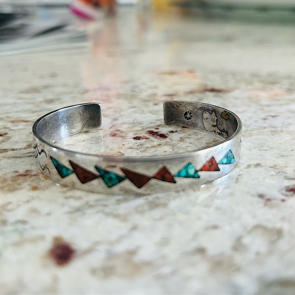 Vintage Navajo turquoise and coral sterling silver bracelet
